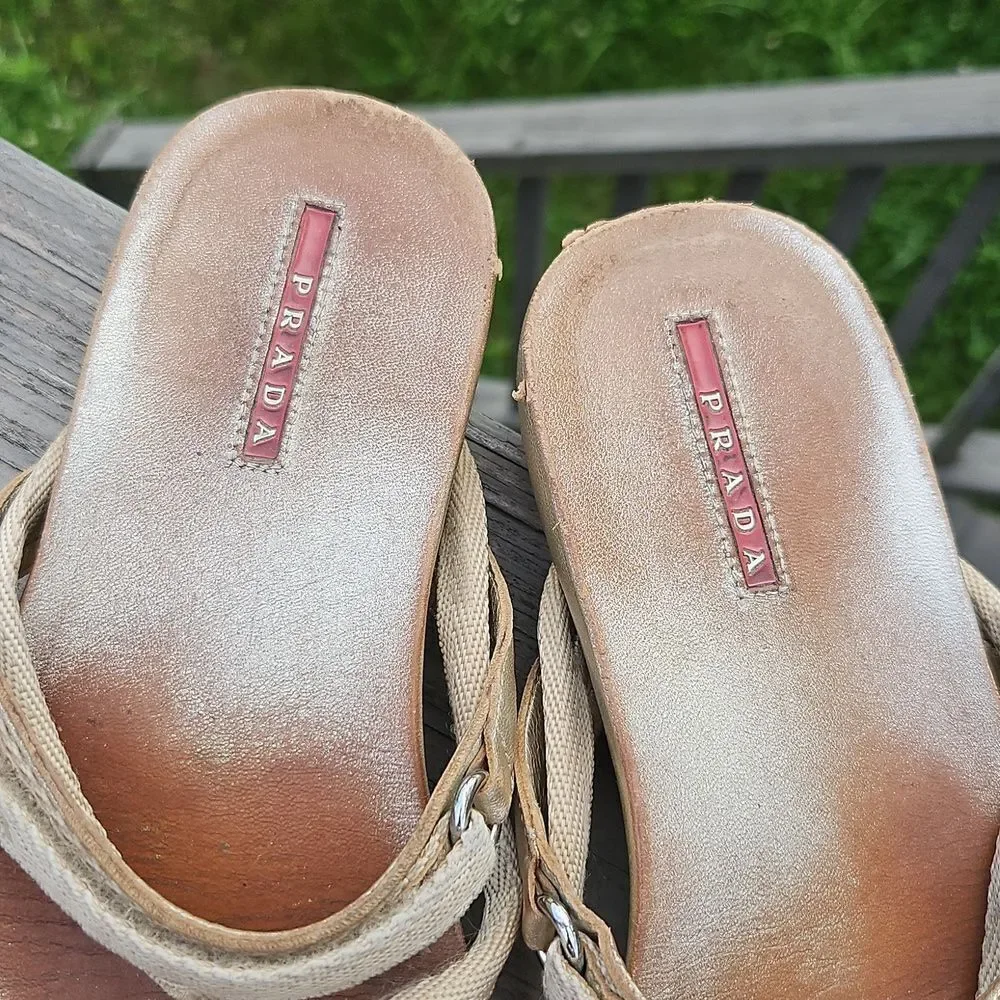 Vintage Prada Gold Thong Sandals Size 39.5 | Logo Sole - Picture 3 of 9